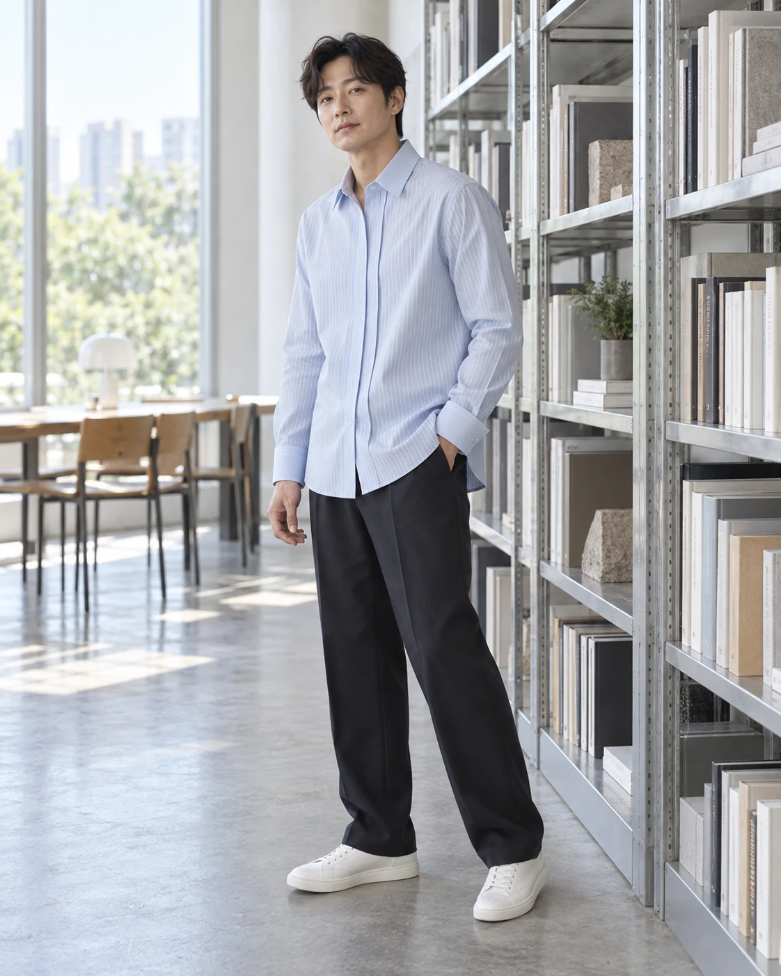 東亞成年模特穿著細條紋、撞色領袖與側衩設計襯衫