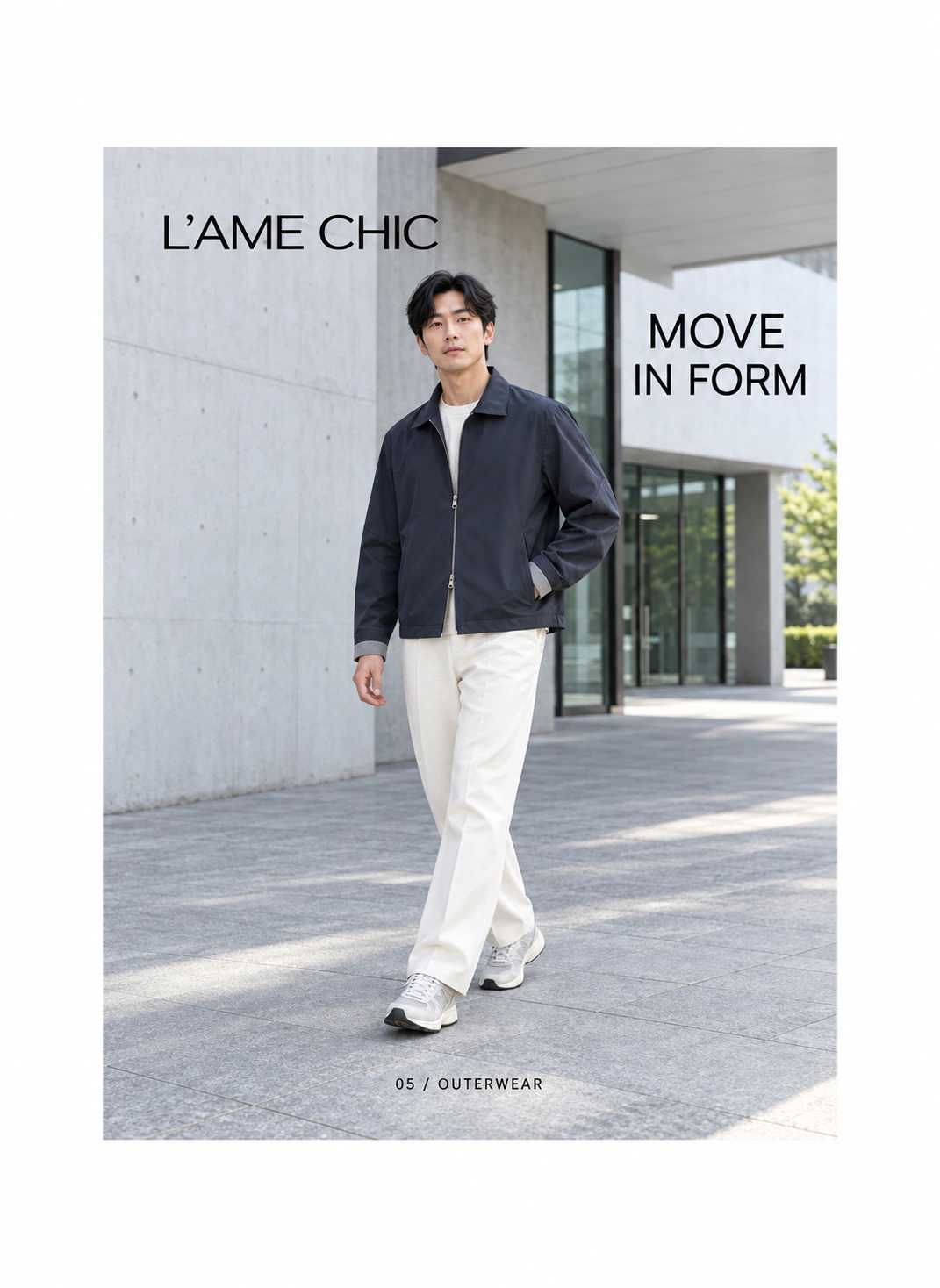 L’AME CHIC MOVE IN FORM 立體袖型外套系列海報，東亞成年時裝模特展示短方身、立體袖片、隱藏口袋