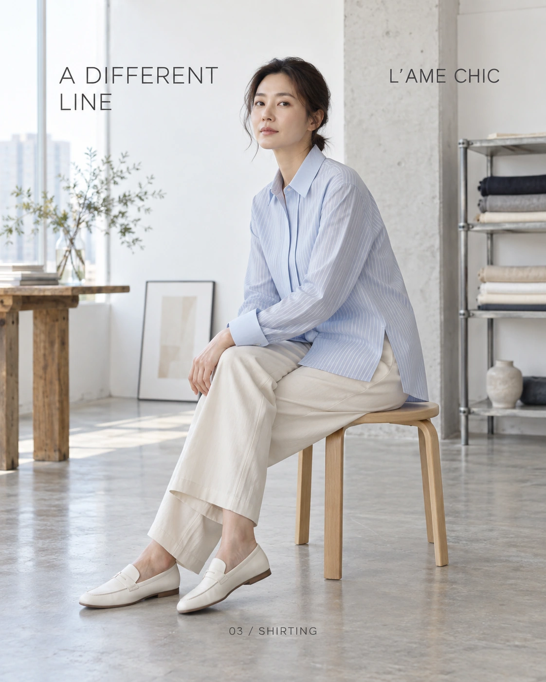 L’AME CHIC A DIFFERENT LINE 層次剪裁襯衫系列海報，東亞成年時裝模特展示撞色領袖、細條紋、層次側衩