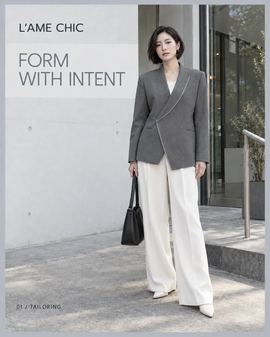 L’AME CHIC FORM WITH INTENT 斜襟西裝外套系列海報，東亞成年時裝模特展示非對稱前襟、微寬肩、俐落窄色邊