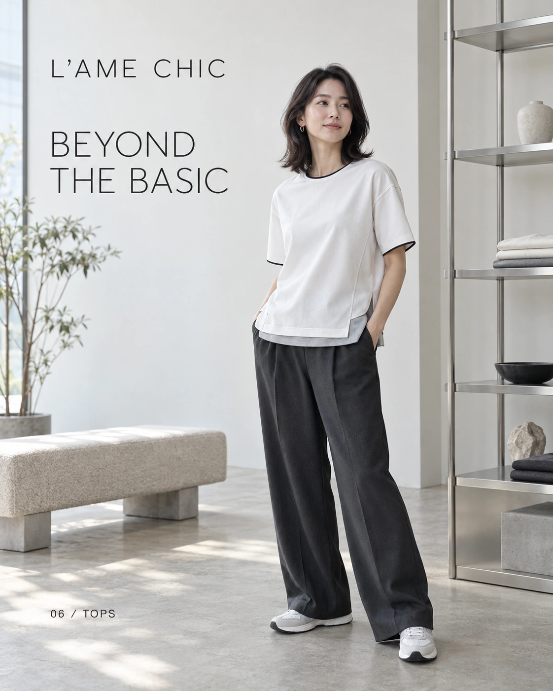 L’AME CHIC BEYOND THE BASIC 剪裁拼接上衣系列海報，東亞成年時裝模特展示偏移肩線、同色拼接、層次下襬