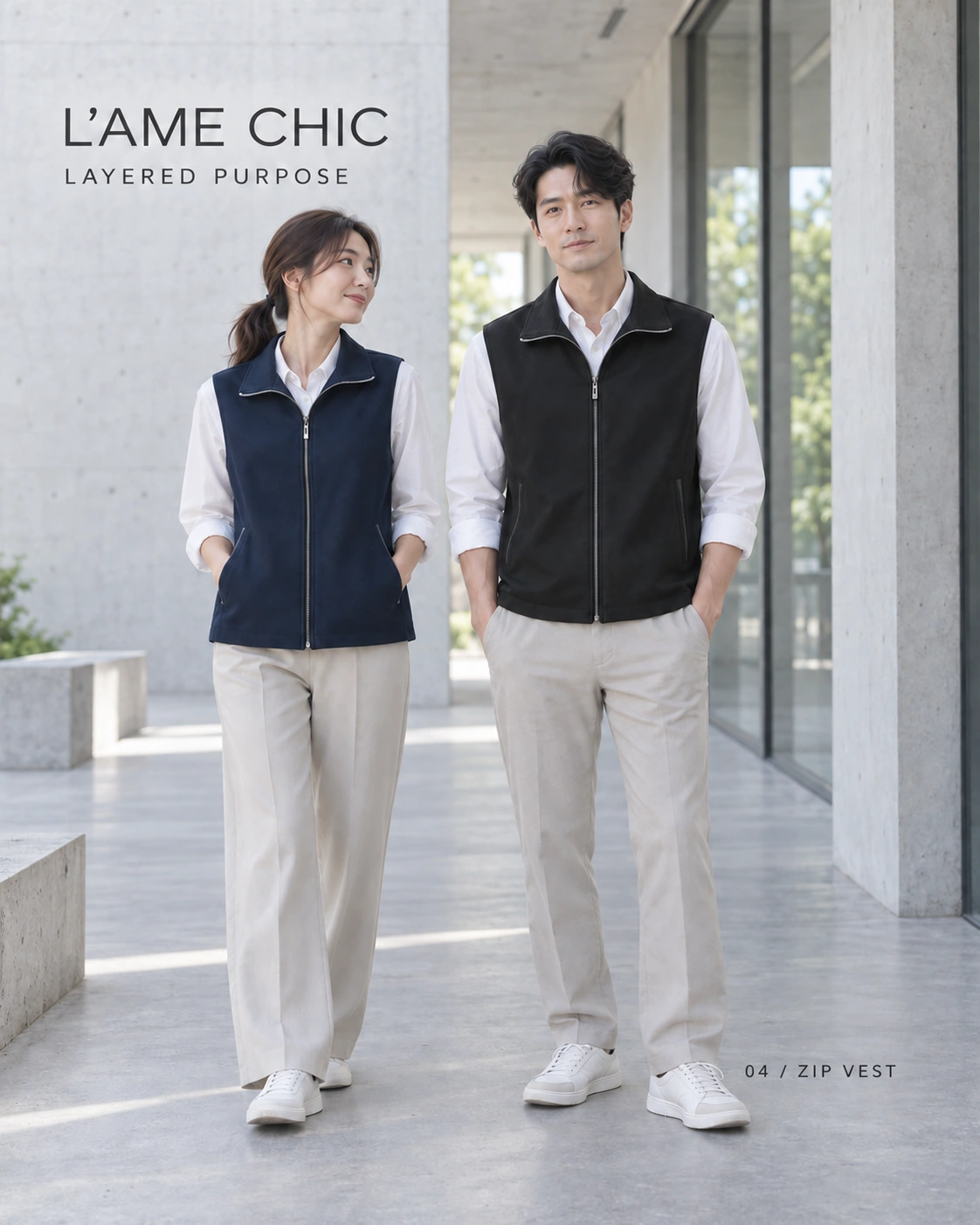 L’AME CHIC LAYERED PURPOSE 翻領拉鍊背心系列海報，東亞成年時裝模特展示全長拉鍊、石色滾邊、直身輪廓