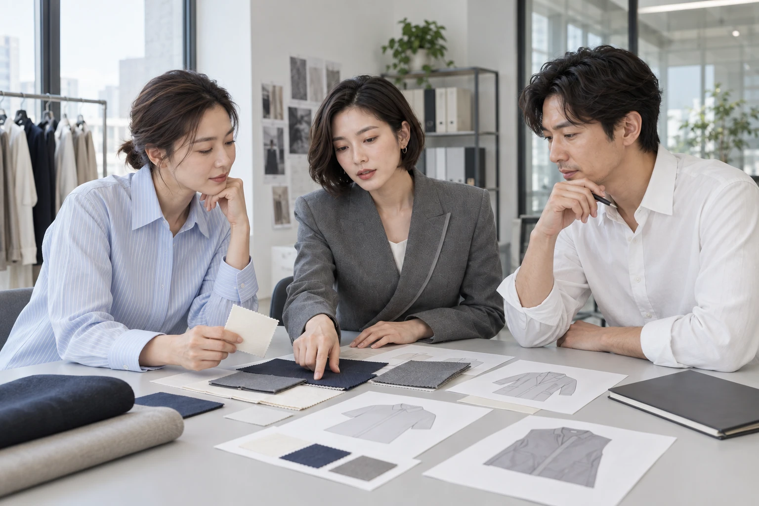 東亞服裝顧問與企業窗口在桌邊討論服裝色卡及品牌方向