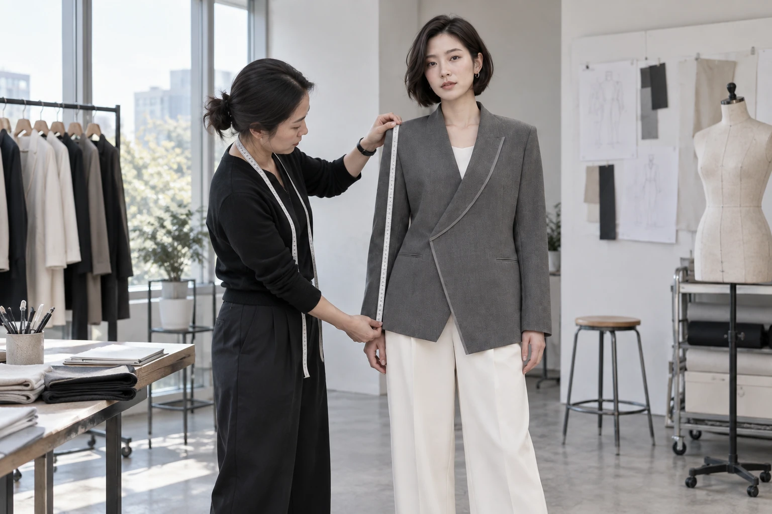 服裝人員為穿著西裝外套的東亞成年模特確認肩線與衣物尺寸